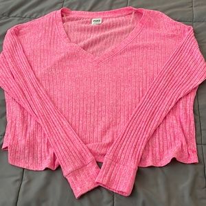 PINK V-neck Long Sleeve Cropped Oversized Tee